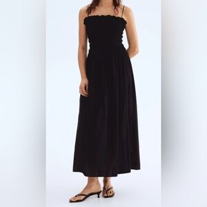 H&M Women's Small Black Midi Dress Ruched Flowy Adjustable Straps Boho Festival